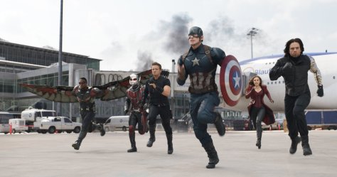 Anthony Mackie, Paul Rudd, Jeremy Renner, Sebastian Stan, Chris Evans, and Elizabeth Olsen in Captain America: Civil War