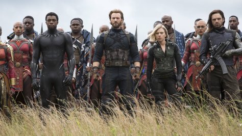 Chadwick Boseman, Chris Evans, Scarlett Johansson, and Sebastian Stan in Avengers: Infinity War