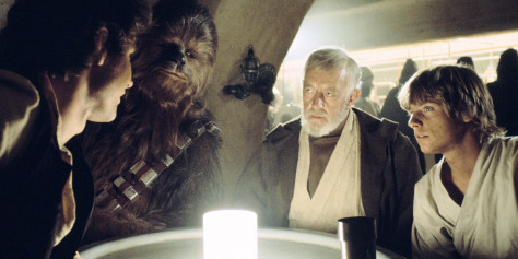 Chewbacca, Han Solo, Luke Skywalker, Obi-Wan Kenobi, Star Wars Episode IV: A New Hope, Mark Hamill, Alec Guiness, Harrison Ford, Peter Mayhew