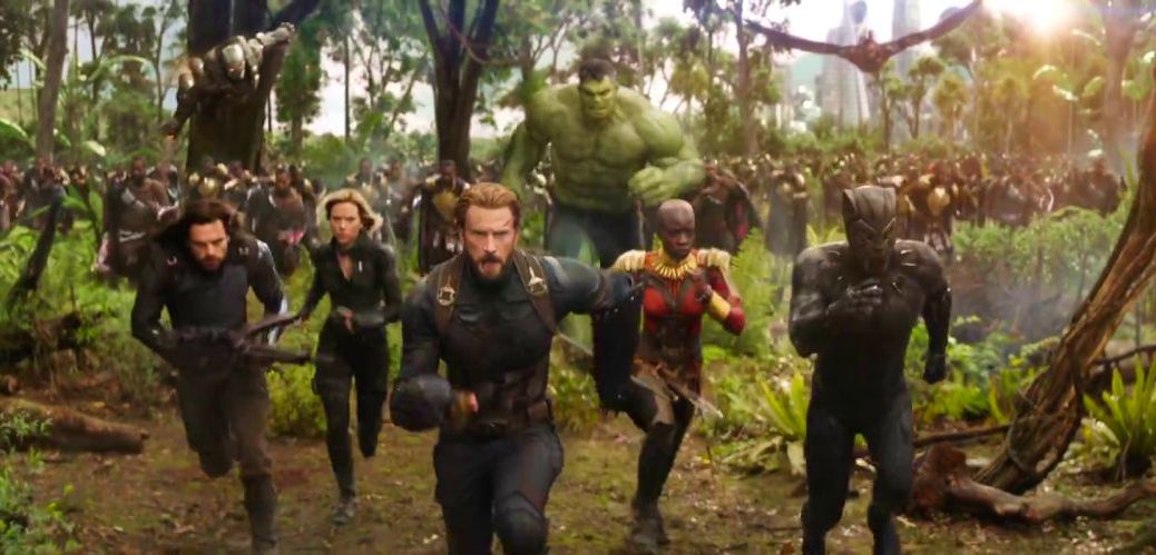 Sebastian Stan, Scarlett Johansson, Chris Evans, and Chadwick Bosemen in Avengers: Infinity War