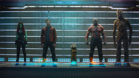 Zoe Saldana, Chris Pratt, Bradley Cooper, Dave Bautista, and Vin Diesel in Guardians of the Galaxy