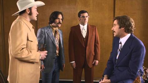 David Koechner, Paul Rudd, Steve Carell, and Will Ferrell in Anchorman: The Legend of Ron Burgundy