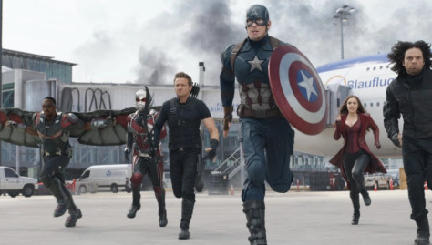 Anthony Mackie, Paul Rudd, Jeremy Renner, Chris Evans, Elizabeth Olsen, and Sebastian Stan in Captain America: Civil War